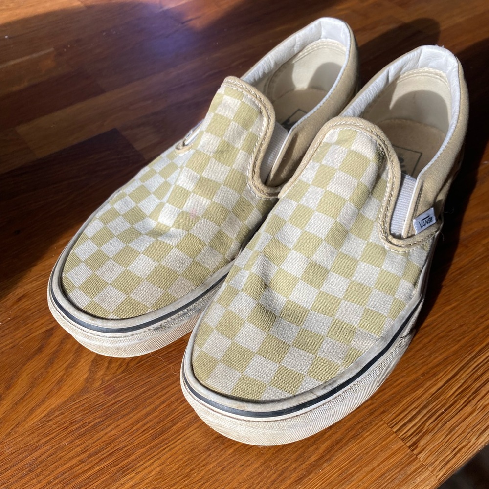 Vans Beige and White Checkered Slip-On Sneakers